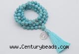 GMN1837 Knotted 8mm, 10mm blue howlite 108 beads mala necklace with tassel & charm