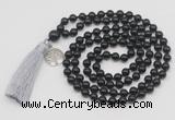 GMN1875 Knotted 8mm, 10mm black obsidian 108 beads mala necklace with tassel & charm