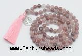 GMN1886 Knotted 8mm, 10mm purple strawberry quartz 108 beads mala necklace with tassel & charm