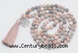 GMN1890 Knotted 8mm, 10mm pink zebra jasper 108 beads mala necklace with tassel & charm