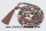 GMN1891 Knotted 8mm, 10mm brecciated jasper 108 beads mala necklace with tassel & charm