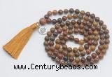 GMN1892 Knotted 8mm, 10mm red moss agate 108 beads mala necklace with tassel & charm