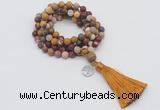 GMN2005 Knotted 8mm, 10mm matte mookaite 108 beads mala necklace with tassel & charm