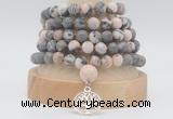 GMN2232 Hand-knotted 8mm, 10mm matte pink zebra jasper 108 beads mala necklaces with charm