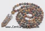 GMN2608 Hand-knotted 8mm, 10mm matte picasso jasper 108 beads mala necklace with pendant