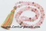 GMN264 Hand-knotted 6mm volcano cherry quartz 108 beads mala necklaces with tassel