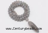 GMN4060 Hand-knotted 8mm, 10mm grey agate 108 beads mala necklace with pendant