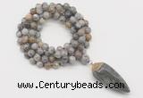 GMN4065 Hand-knotted 8mm, 10mm silver needle agate 108 beads mala necklace with pendant