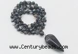 GMN4069 Hand-knotted 8mm, 10mm black banded agate 108 beads mala necklace with pendant