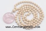 GMN4619 Hand-knotted 8mm, 10mm white fossil jasper 108 beads mala necklace with pendant