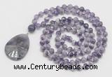 GMN4652 Hand-knotted 8mm, 10mm dogtooth amethyst 108 beads mala necklace with pendant