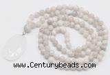 GMN4660 Hand-knotted 8mm, 10mm white crazy agate 108 beads mala necklace with pendant