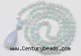 GMN4909 Hand-knotted 8mm, 10mm sea blue banded agate 108 beads mala necklace with pendant