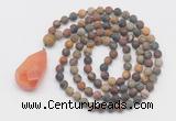 GMN5017 Hand-knotted 8mm, 10mm matte picasso jasper 108 beads mala necklace with pendant