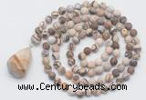 GMN5018 Hand-knotted 8mm, 10mm matte zebra jasper 108 beads mala necklace with pendant