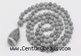 GMN5020 Hand-knotted 8mm, 10mm matte grey picture jasper 108 beads mala necklace with pendant