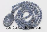 GMN5065 Hand-knotted 8mm, 10mm blue spot stone 108 beads mala necklace with pendant