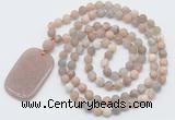 GMN5133 Hand-knotted 8mm, 10mm matte sunstone 108 beads mala necklace with pendant