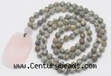 GMN5141 Hand-knotted 8mm, 10mm matte rhyolite 108 beads mala necklace with pendant