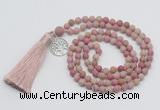 GMN5709 Hand-knotted 6mm matte pink wooden jasper 108 beads mala necklaces with tassel & charm