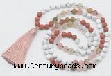 GMN6105 Knotted 8mm, 10mm white howlite, cherry quartz & red jasper 108 beads mala necklace with tassel