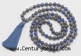 GMN6112 Knotted 8mm, 10mm black labradorite & lapis lazuli 108 beads mala necklace with tassel