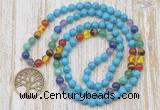 GMN6140 Knotted 7 Chakra 8mm, 10mm turquoise 108 beads mala necklace with charm