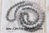 GMN6156 Knotted 8mm, 10mm labradorite, rose quartz & white moonstone 108 beads mala necklace with charm