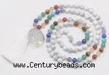 GMN6221 Knotted 7 Chakra white howlite 108 beads mala necklace with tassel & charm