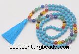 GMN6240 Knotted 7 Chakra 8mm, 10mm turquoise 108 beads mala necklace with tassel