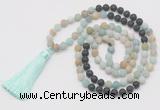 GMN6263 Knotted 8mm, 10mm matte amazonite & black lava 108 beads mala necklace with tassel