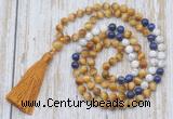 GMN6357 Knotted 8mm, 10mm golden tiger eye, lapis lazuli & matte white howlite 108 beads mala necklace with tassel