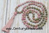 GMN6361 Knotted 8mm, 10mm unakite & pink wooden jasper 108 beads mala necklace with tassel