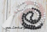 GMN6362 Knotted 8mm, 10mm black agate, rose quartz & white howlite 108 beads mala necklace with tassel