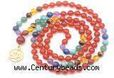 GMN6486 Knotted 7 Chakra 8mm, 10mm red agate 108 beads mala necklace with charm