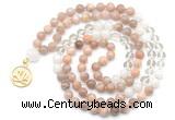 GMN6500 Knotted 8mm, 10mm sunstone, white crystal & white jade 108 beads mala necklace with charm