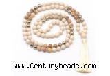 GMN8555 8mm, 10mm white fossil jasper, picture jasper & hematite 108 beads mala necklace with tassel