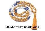 GMN8571 8mm, 10mm golden tiger eye, lapis lazuli & matte white howlite 108 beads mala necklace with tassel