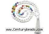 GMN8603 Hand-knotted 7 Chakra 8mm, 10mm white howlite 108 beads mala necklace with tassel